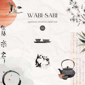 以下が含まれることがあります： 鶴、桜の花、鯉、茶碗、急須、竹、禅の円など、日本の要素をテーマにしたクリップアート画像50点セット。"WABI-SABI"と"japanese elements clipart set"のテキストも含まれています。