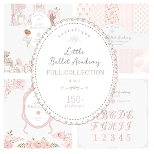 Peut inclure: Collection d'art numérique "Little Ballet Academy" avec motifs et éléments aquarelle. Le design présente une palette de couleurs rose et blanche, avec des illustrations florales et sur le thème du ballet. Contient le texte "150+ éléments".
