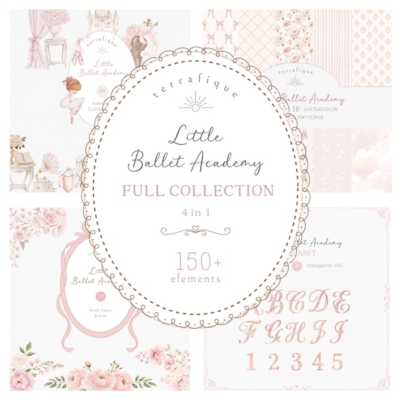 Ballet Clipart Bundle, Watercolor Cute Ballerina, Balletcore Frames, Florals, Seamless Patterns,Nursery, Girl Baby Shower Birthday PNG