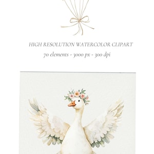 May include: A watercolor illustration of a white goose with outstretched wings wearing a pink and white flower crown. The goose is standing on a white background.