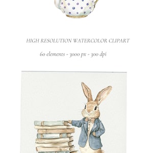 May include: A watercolour illustration of a brown rabbit wearing a blue suit and bow tie, standing next to a stack of vintage books. The rabbit is holding a book in its paw.