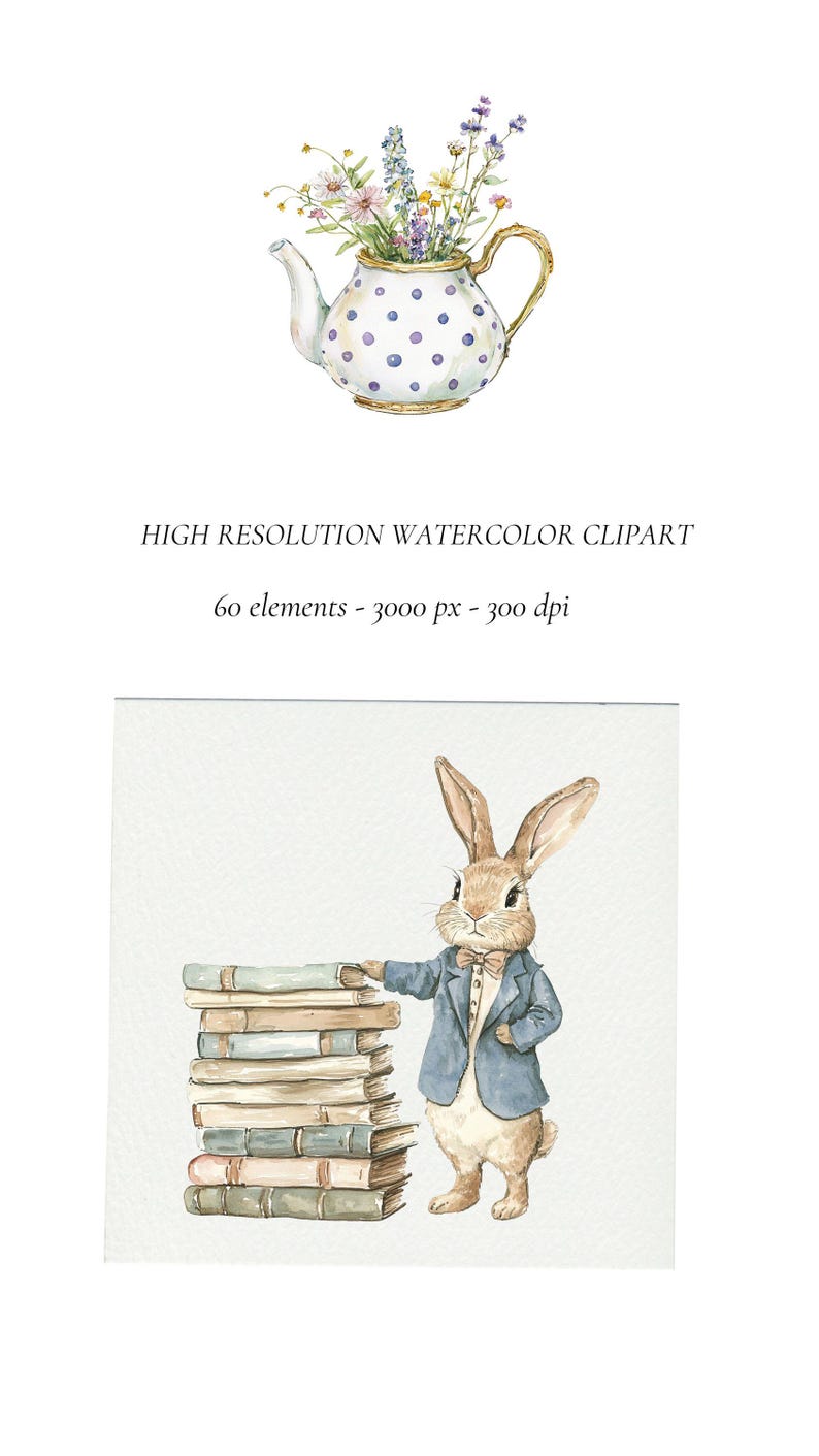 May include: A watercolour illustration of a brown rabbit wearing a blue suit and bow tie, standing next to a stack of vintage books. The rabbit is holding a book in its paw.