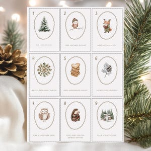 Cartões de atividades do Advento Calendário do Advento 2024 para crianças Animais fofos da floresta Modelos editáveis do Canva Contagem regressiva de Natal Lista de desejos para o feriado
