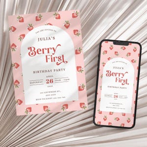 Berry Primo compleanno invito carta digitale mobile Evite rosa fragola neonata festa invito modificabile modelli Canva