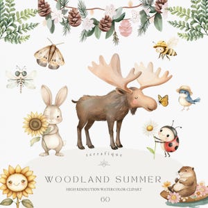 Clipart estate bosco Carino acquerello animali della foresta Boho estate inviti di compleanno Baby shower nursery decor uso commerciale clipart