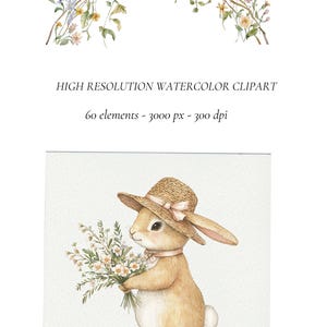 May include: A watercolour illustration of a brown bunny wearing a straw hat with a pink ribbon, holding a bouquet of white flowers.