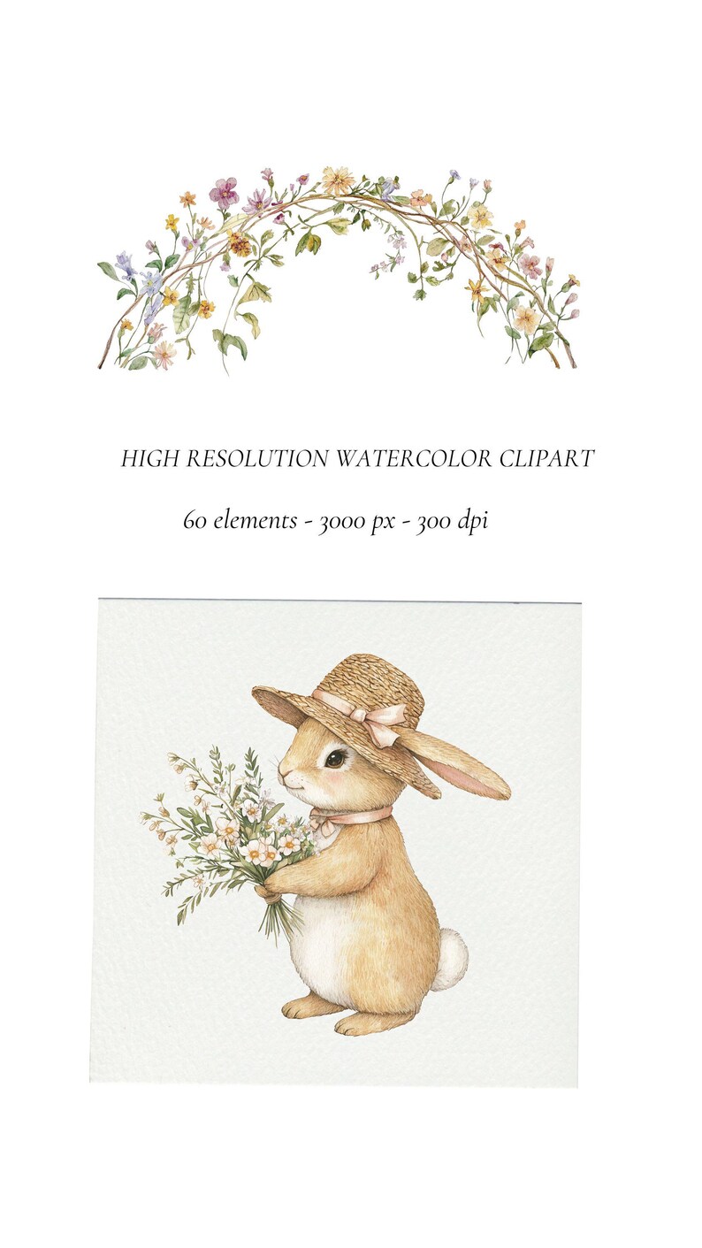 May include: A watercolour illustration of a brown bunny wearing a straw hat with a pink ribbon, holding a bouquet of white flowers.