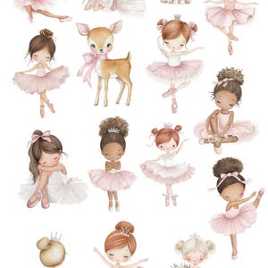 May include: Watercolor clipart featuring illustrations of young ballerinas in pink tutus, ballet shoes, and various poses. Includes a fawn with a pink bow and a white cat. Text reads "Little Ballet Academy" and "High Resolution Watercolor Clipart".