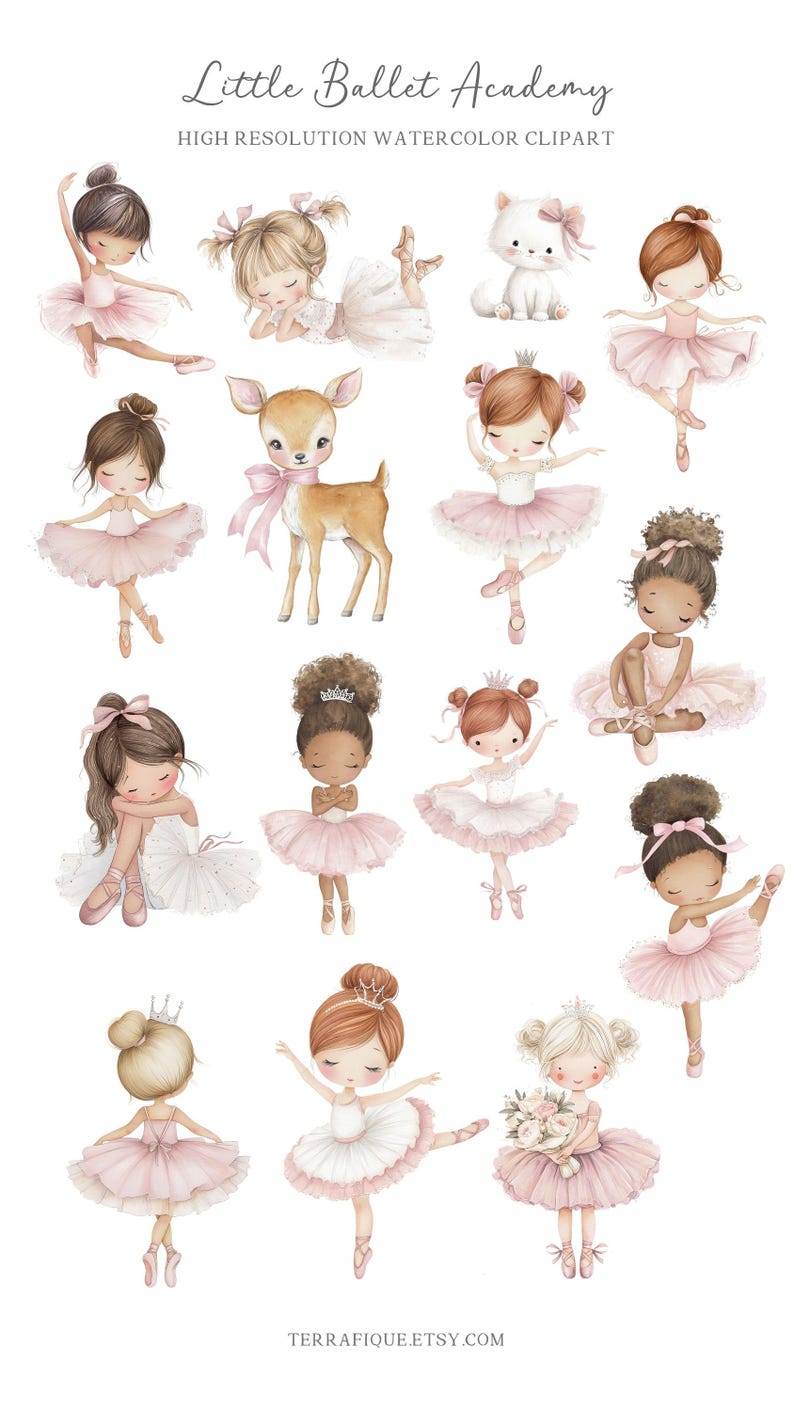 May include: Watercolor clipart featuring illustrations of young ballerinas in pink tutus, ballet shoes, and various poses. Includes a fawn with a pink bow and a white cat. Text reads "Little Ballet Academy" and "High Resolution Watercolor Clipart".