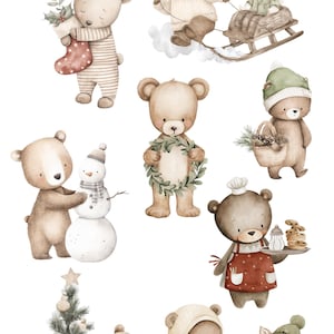 Puede incluir: Clipart de acuarela con adorables osos y un conejito en escenas invernales, decorando un &aacute;rbol de Navidad, andando en trineo y construyendo un mu&ntilde;eco de nieve. La imagen incluye el texto "BEARY CHRISTMAS" y "HIGH RESOLUTION WATERCOLOR CLIPART".