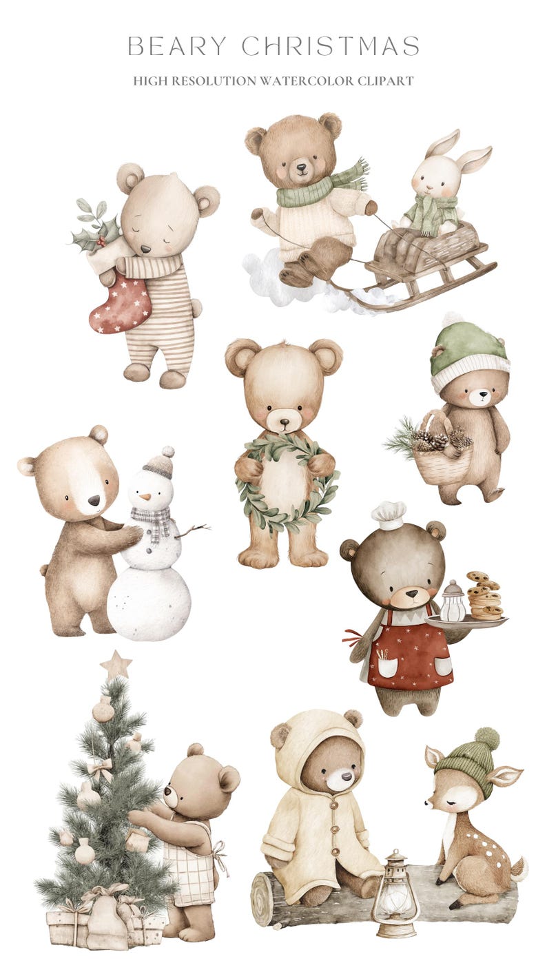 Puede incluir: Clipart de acuarela con adorables osos y un conejito en escenas invernales, decorando un &aacute;rbol de Navidad, andando en trineo y construyendo un mu&ntilde;eco de nieve. La imagen incluye el texto "BEARY CHRISTMAS" y "HIGH RESOLUTION WATERCOLOR CLIPART".
