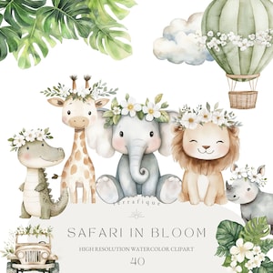 Clipart Safari mignon Floral animaux d'Afrique Boho aquarelle verdure cadre Montgolfières sauvage un anniversaire Baby Shower usage commercial
