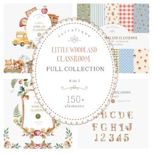Könnte beinhalten: Eine digitale Sammlung mit dem Titel Little Woodland Classroom mit Aquarellillustrationen von Schulbussen, Waldtieren, Laub und Mustern. Das Set enthält über 150 Elemente, darunter Buchstaben und Zahlen, die mit Eicheln verziert sind.