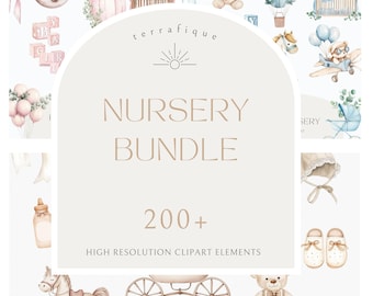 Akvarell barnrums clipart-paket: 200+ babyshower-grafik (kommersiellt bruk)