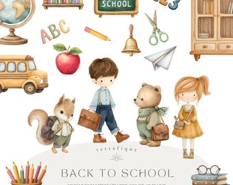 Watercolor Back to School Clipart Bundle: 70 School-Themed PNG Elements (Digital Download)