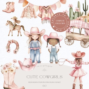 Lindo paquete de imágenes prediseñadas de vaquera, acuarela rosa, boho, occidental, caprichoso, niñas, bebé, niña, salvaje oeste, país, PNG, guardería, baby shower, uso comercial