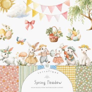Clipart de Pascua de primavera: Huevos de Pascua en acuarela, conejitos, corderos y gráficos cottagecore (PNG para uso comercial)