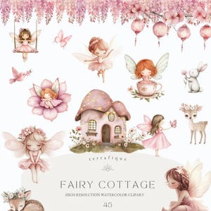 May include: A set of watercolor clipart featuring fairies, a cottage, a deer, a bunny, butterflies, and flowers. The clipart is in shades of pink and white and is perfect for adding a touch of whimsy to your projects.