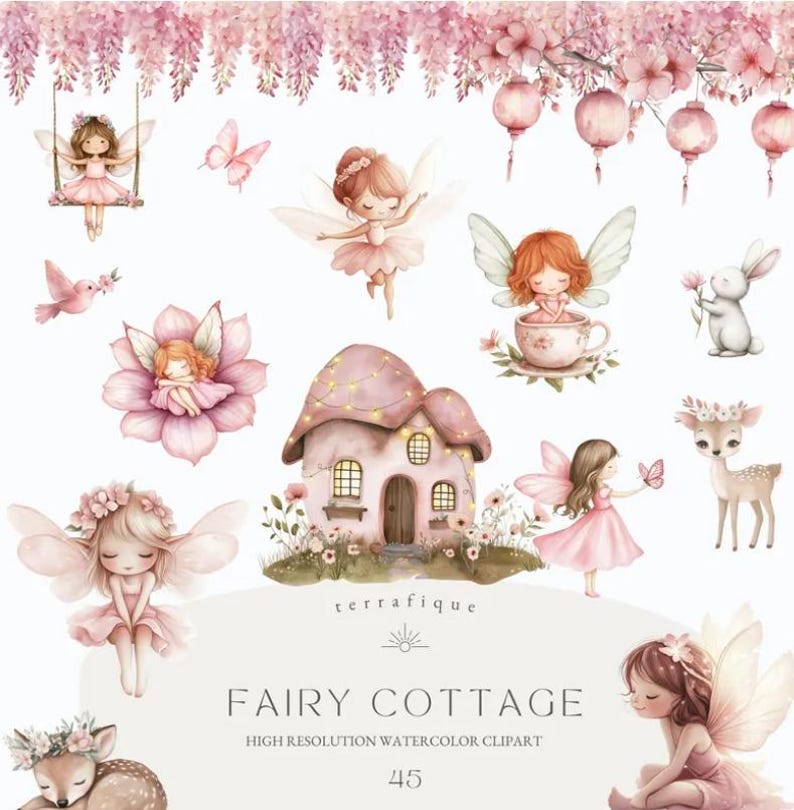 May include: A set of watercolor clipart featuring fairies, a cottage, a deer, a bunny, butterflies, and flowers. The clipart is in shades of pink and white and is perfect for adding a touch of whimsy to your projects.