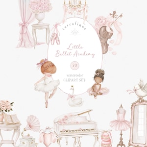 May include: Watercolor clipart set featuring ballet-themed illustrations in soft pink and white. Includes ballerinas, a swan, a grand piano, ballet shoes, and other decorative elements. The text in the image says "Little Ballet Academy" and "watercolor CLIPART SET".