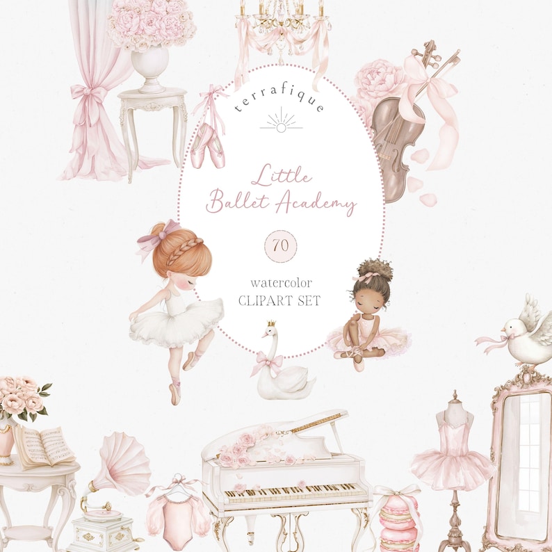 May include: Watercolor clipart set featuring ballet-themed illustrations in soft pink and white. Includes ballerinas, a swan, a grand piano, ballet shoes, and other decorative elements. The text in the image says "Little Ballet Academy" and "watercolor CLIPART SET".
