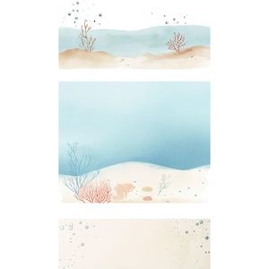 Puede incluir: Tres ilustraciones de acuarela de una escena submarina con coral, algas y burbujas. La ilustraci&oacute;n superior muestra una superficie oce&aacute;nica azul claro con coral y algas en el fondo arenoso. La ilustraci&oacute;n del medio muestra un oc&eacute;ano azul claro con coral y algas en el fondo arenoso. La ilustraci&oacute;n inferior muestra un oc&eacute;ano azul claro con coral y algas en el fondo arenoso.