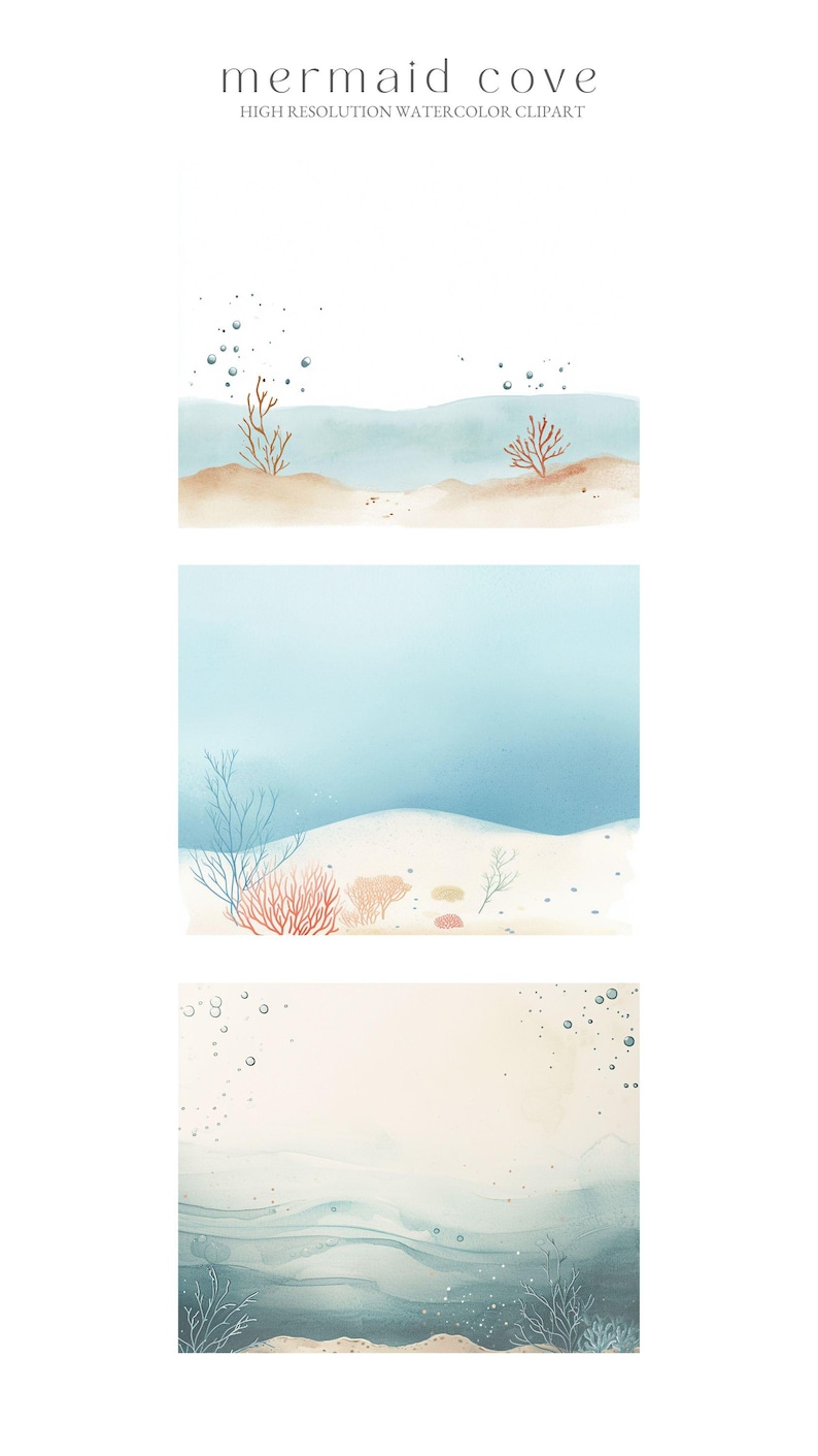 Puede incluir: Tres ilustraciones de acuarela de una escena submarina con coral, algas y burbujas. La ilustraci&oacute;n superior muestra una superficie oce&aacute;nica azul claro con coral y algas en el fondo arenoso. La ilustraci&oacute;n del medio muestra un oc&eacute;ano azul claro con coral y algas en el fondo arenoso. La ilustraci&oacute;n inferior muestra un oc&eacute;ano azul claro con coral y algas en el fondo arenoso.