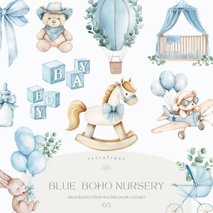 Clipart per vivaio Boho blu, neonato, acquerello, orsacchiotto, elefante, leone, giocattoli, vestiti, baby shower, invito di compleanno, uso commerciale