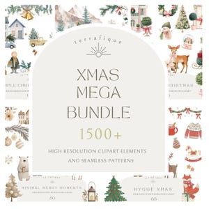 Può includere: Un pacchetto di arte digitale con illustrazioni ad acquerello a tema natalizio. L'immagine include case, alberi, animali e il testo "XMAS MEGA BUNDLE 1500+" e "HIGH RESOLUTION CLIPART ELEMENTS AND SEAMLESS PATTERNS."