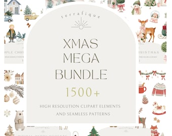 Christmas Clipart Bundle Cute Animals Kids Festive Holiday Graphics Seamless Patterns Vintage Xmas PNG