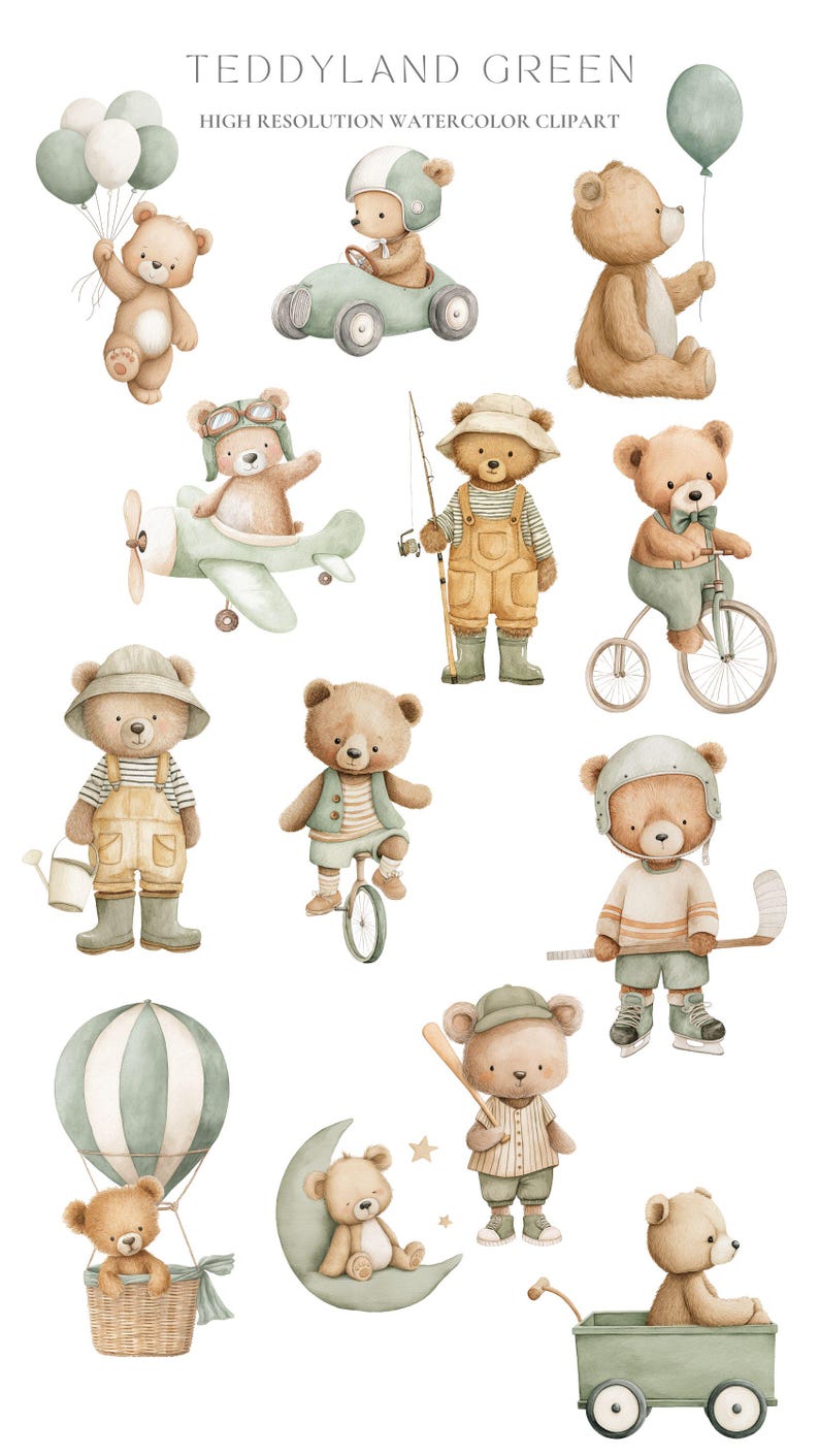 Sage Green Teddy Bear Clipart Set: Nursery & Baby Shower Graphics (PNG ...
