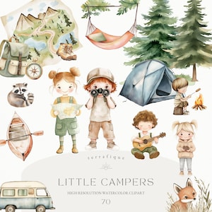 Niedlichen Camping Clipart Bundle Outdoor-Aktivitäten Natur Abenteuer Urlaub Berg Wald Tiere Kayaking Zelt Ausrüstung Kinder Kinder