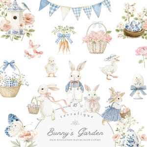 以下が含まれることがあります： イースターをテーマにした水彩イラスト。ウサギ、ひよこ、卵、バスケット、パステルカラーの花の配置が含まれています。「Bunny's Garden」のテキストが表示されています。魅力的で気まぐれなデザインです。