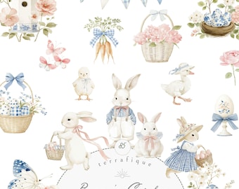 Puede incluir: Ilustraciones de acuarela con temática de Pascua. Incluye conejos, pollitos, huevos, cestas y elementos florales en colores pastel. El texto "Bunny's Garden" se muestra en la parte inferior. Una colección encantadora para proyectos de primavera y Pascua.