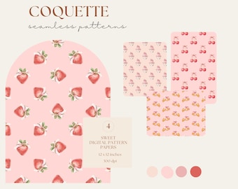 Coquette Seamless Patterns: Pink Bows, Cherries, Strawberries (Digital Papers)