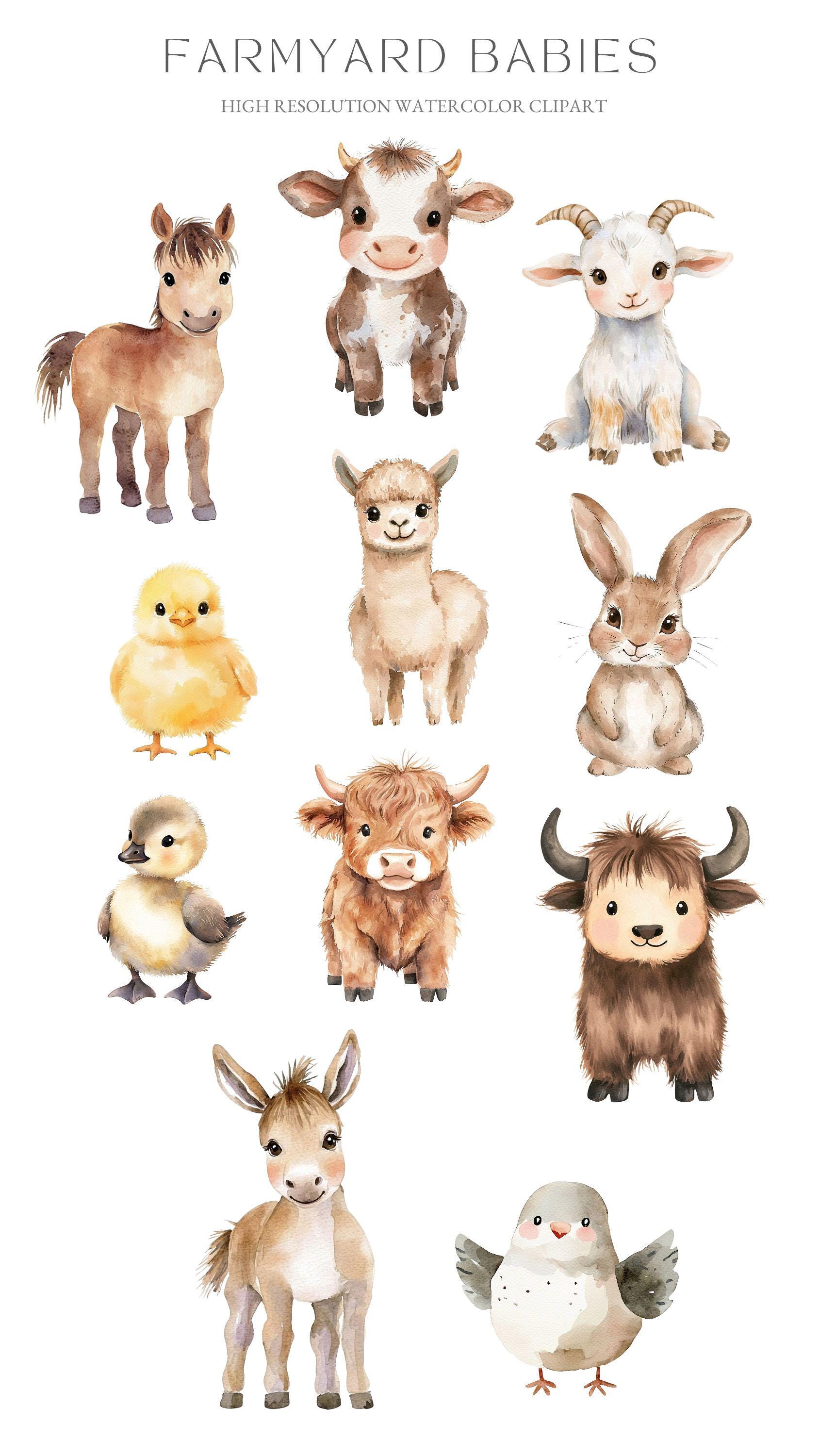 Watercolor Farm Animals Clipart: Baby Shower Nursery Art (PNG Digital ...