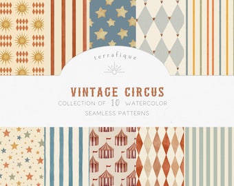 Vintage circus naadloze patronen, circusachtergronden, aquarel kinderkamer digitaal papier, strepen harlekijn afdrukbaar plakboekpapier