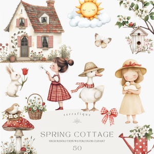 Primavera Clipart Bonito Cottagecore Morango Animais Florais Aquarela Rústico Fazenda Vermelho Gingham Bolinhas Berçário Crianças Clipart Uso Comercial
