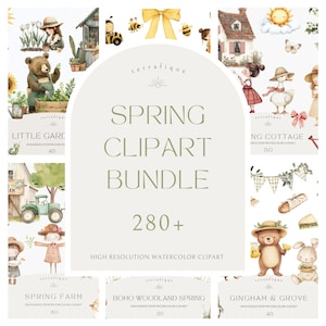 Pacchetto Clipart di Primavera Animali Carini Cottagecore Fattoria Bosco Picnic Giardinaggio Miele Ape PNG Sublimazione Licenza per Uso Commerciale Gratuito