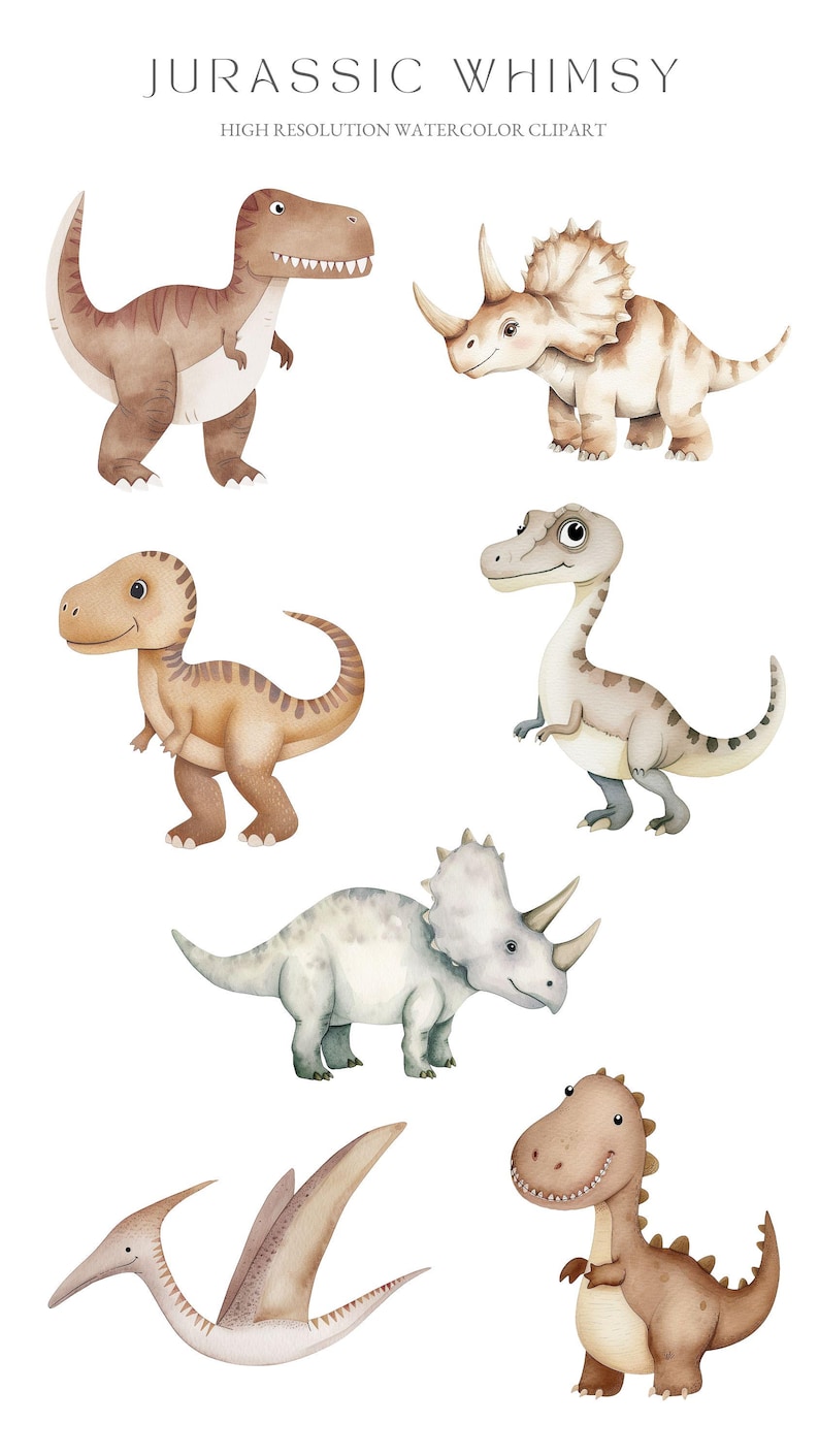 K&ouml;nnte beinhalten: Ein Set mit sechs Aquarell-Dinosaurier-Illustrationen. Die Dinosaurier sind in verschiedenen Posen und beinhalten einen T-Rex, einen Triceratops, einen Pterodactylus und andere. Die Illustrationen sind in Braun-, Beige- und Graut&ouml;nen gehalten.