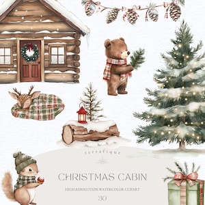Clipart de bosque navideño, animales lindos, acuarela, país de las maravillas invernal, rústico, nevado, cottagecore, decoración de guardería, cuadros acogedores, uso comercial