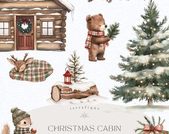 May include: A watercolor illustration set of 30 Christmas cabin themed clipart images. The set includes a log cabin, a Christmas tree, a bear, a deer, a squirrel, a log with a lantern, and a gift box. The illustrations are in a rustic style with a white background.