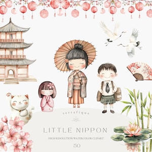 Schattig Japan clipart Japanse aquarel kinderen Kokeshi-pop voedsel kraanvogels Koi kimono dieren Sakura natuur monumenten Commercieel gebruik bundel