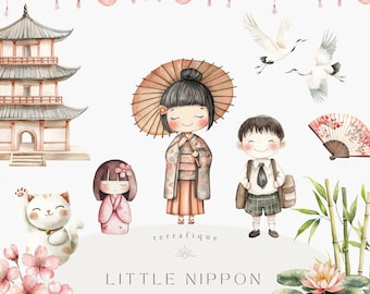 Japanese Watercolor Clipart Bundle: Kokeshi Doll, Sakura, Landmarks (Commercial Use) (Digital Download)