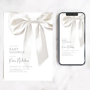 Schleife Animierte Babypartyeinladung und druckbare Karte Bearbeitbare Canva-Vorlagen Minimale raffinierte geschlechtsneutrale digitale Mobile Evite