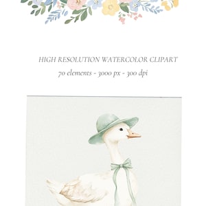 May include: A watercolor illustration of a white duck wearing a light green hat and a light green bow. The duck is standing on a white background.