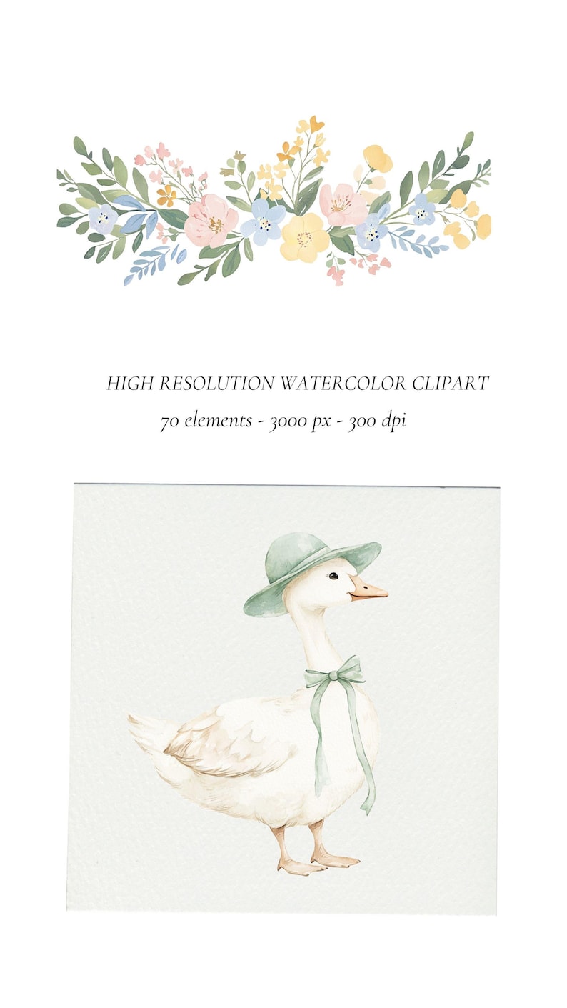 May include: A watercolor illustration of a white duck wearing a light green hat and a light green bow. The duck is standing on a white background.