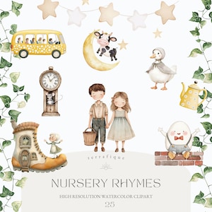 Clipart comptines aquarelle livre de contes lunatiques mignons PNG baby shower graphiques PNG usage commercial ventes illimitées
