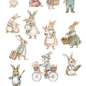 May include: A set of 13 watercolour illustrations of bunnies in various poses and outfits. The bunnies are wearing clothes, holding objects, and engaging in activities such as riding a bicycle, reading a book, and holding an umbrella. The illustrations are in a whimsical style and are perfect for adding a touch of charm to any project.