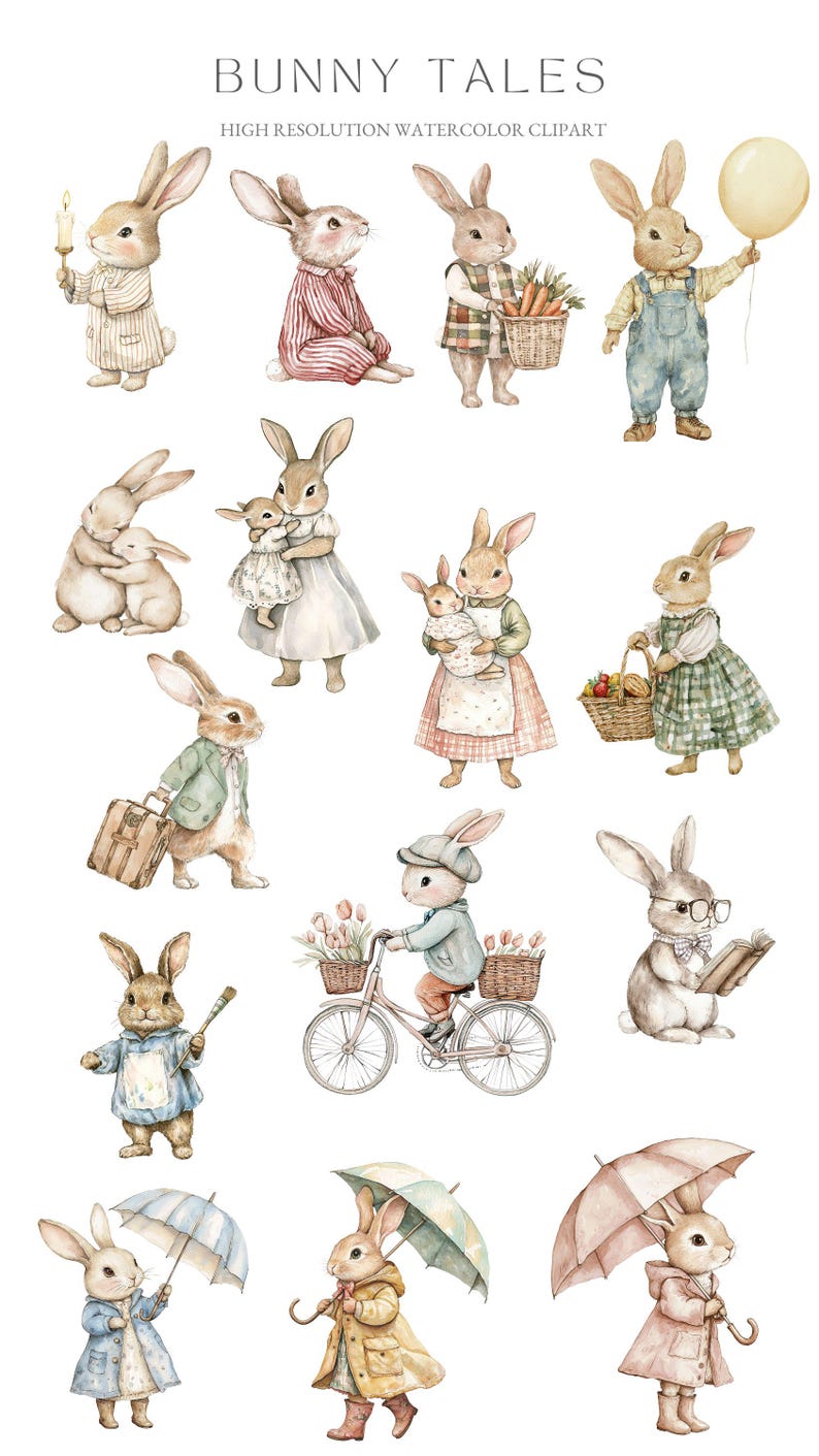 May include: A set of 13 watercolour illustrations of bunnies in various poses and outfits. The bunnies are wearing clothes, holding objects, and engaging in activities such as riding a bicycle, reading a book, and holding an umbrella. The illustrations are in a whimsical style and are perfect for adding a touch of charm to any project.